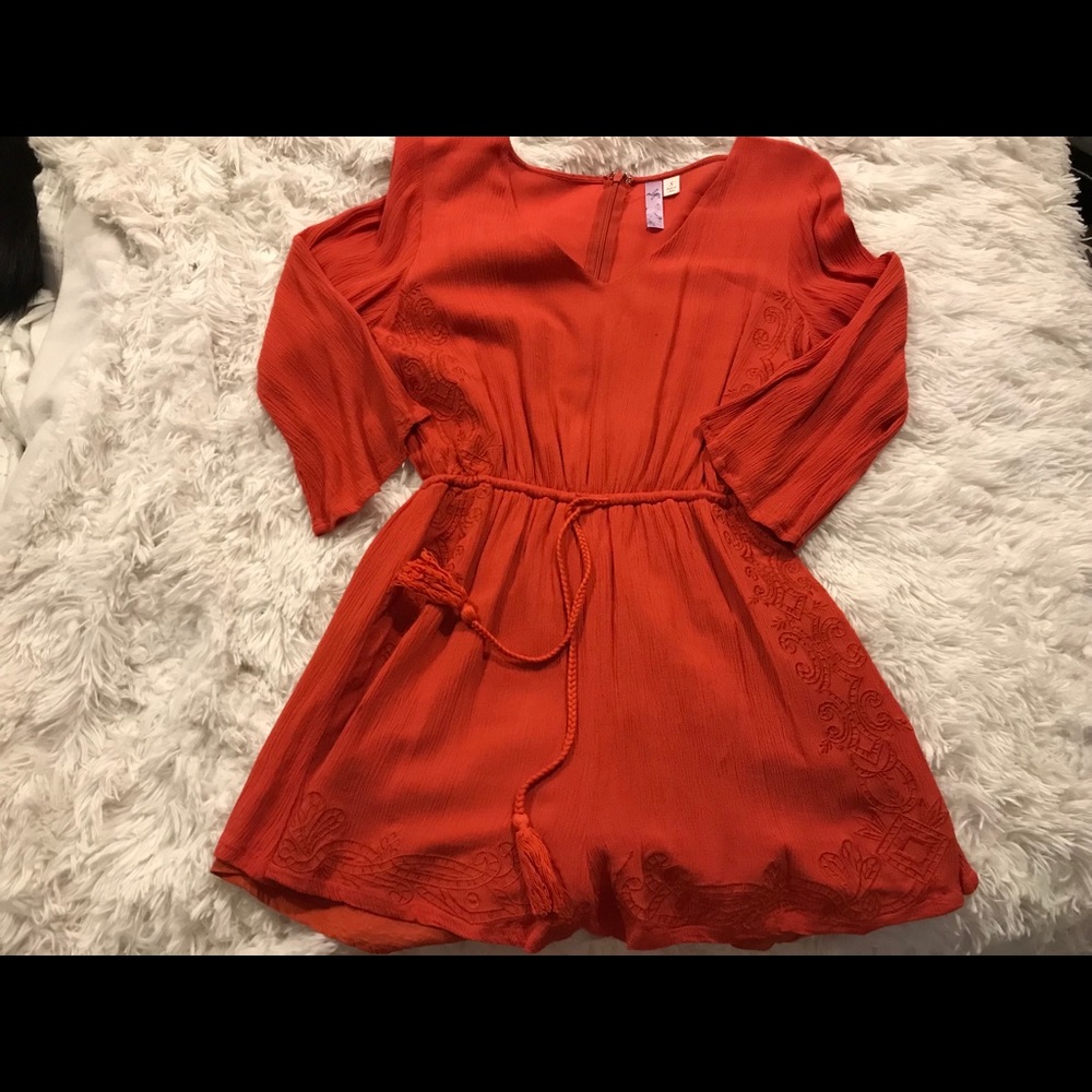 Orange linen rhomper with embroidered detail